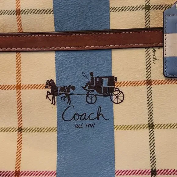 Coach Heritage Plaid Tattersall Tote Bag - Cream, Blue, and Brown 12561